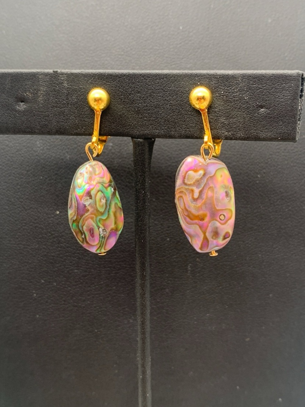 Gold tone Clip-On abalone Earrings with Iridescent Abalone Drops